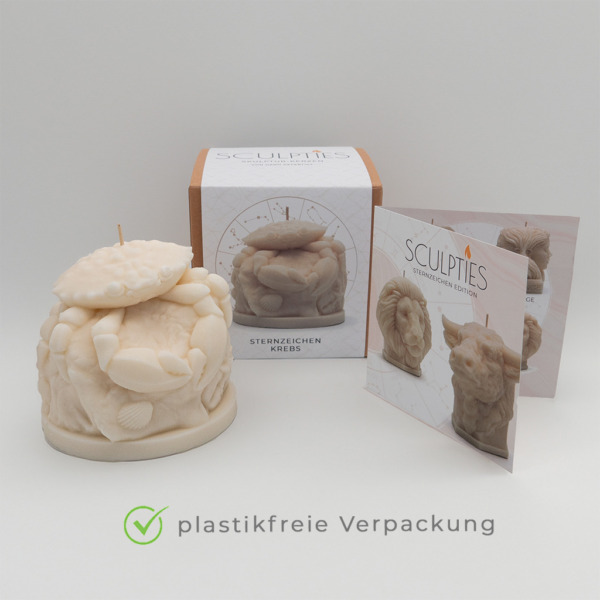 Sternzeichenkerze Krebs mit Verpackung, Produktverpackung, Skulpturkerze Produktverpackung