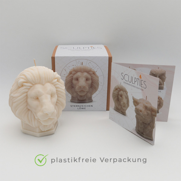 Sternzeichenkerze Löwe mit Verpackung, Produktverpackung, Skulpturkerze Produktverpackung, Produktverpackung Sculpties