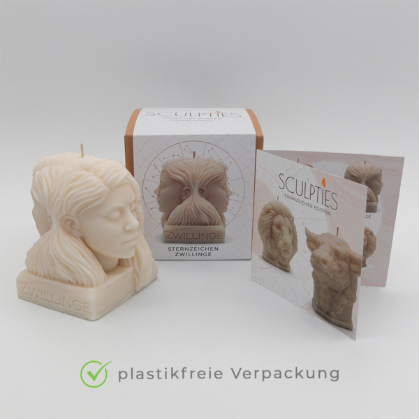 Sternzeichenkerze Zwillinge mit Verpackung, Produktverpackung, Skulpturkerze Produktverpackung, Produktverpackung Sculpties, schöne Kerzen mit Verpackung