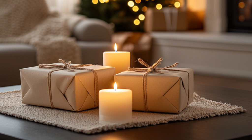 Tisch mit Geschenken und Kerzen, Kerzen auf einem Tisch, gemütliche Wohnzimmeratmosphere, Weihnachtsgeschenke, Geschenk mit Kerze